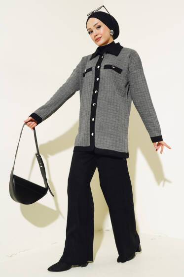 Kare Desen Düğmeli Triko İkili Takım Füme - İkili Takım