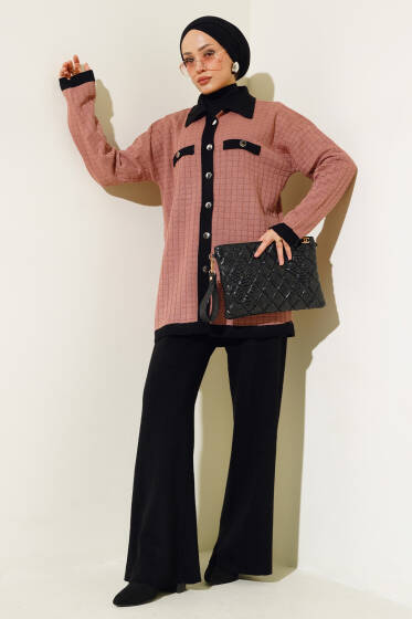 Kare Desen Düğmeli Triko İkili Takım Gül Kurusu - İkili Takım