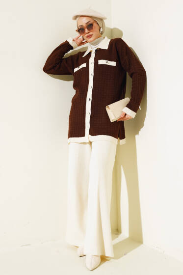 Kare Desen Düğmeli Triko İkili Takım Kahve - İkili Takım