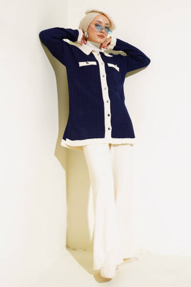 Kare Desen Düğmeli Triko İkili Takım Lacivert - İkili Takım