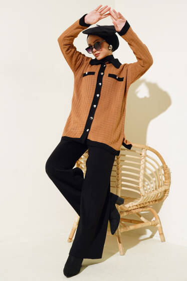 Kare Desen Düğmeli Triko İkili Takım Latte - İkili Takım