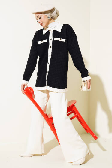 Kare Desen Düğmeli Triko İkili Takım Siyah - İkili Takım