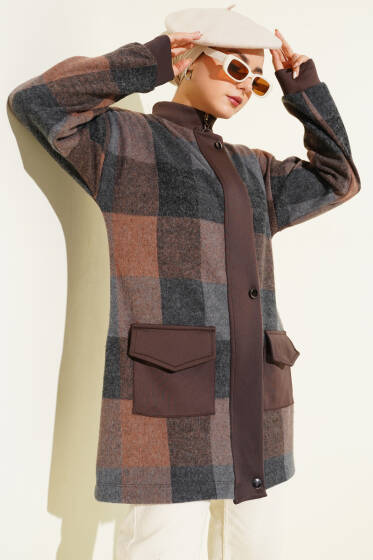 Kare Desen Garnili Kap Kahve - Dış Giyim&Mont