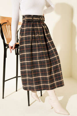 Kare Desen Kemerli Kaşe Etek Antrasit - ESTELLE