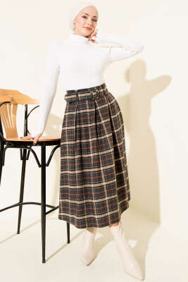 Kare Desen Kemerli Kaşe Etek Antrasit - Etek