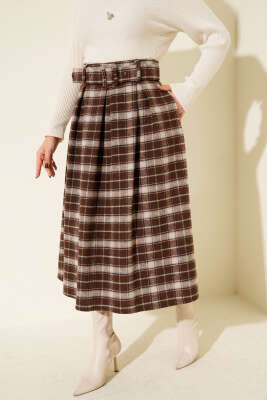 Kare Desen Kemerli Kaşe Etek Kahve - ESTELLE