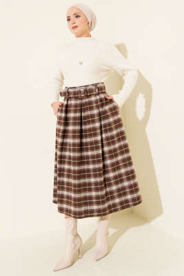 Kare Desen Kemerli Kaşe Etek Kahve - Etek