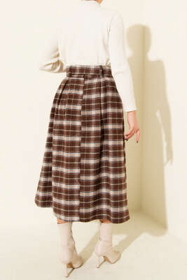 Kare Desen Kemerli Kaşe Etek Kahve - Etek