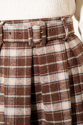 Kare Desen Kemerli Kaşe Etek Kahve - Etek