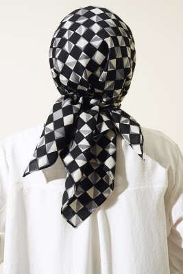 Kare Desen Mio Eşarp Siyah Gri - Başörtüsü