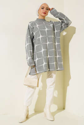 Kare Desen Triko Tunik Gri - Triko Tunik