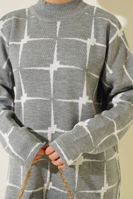 Kare Desen Triko Tunik Gri - Triko Tunik