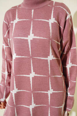 Kare Desen Triko Tunik Gül Kurusu - Triko Tunik