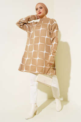 Kare Desen Triko Tunik Latte - Triko Tunik