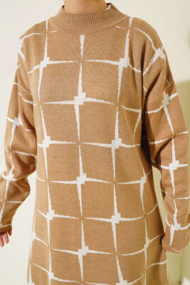 Kare Desen Triko Tunik Latte - Triko Tunik