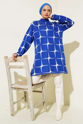 Kare Desen Triko Tunik Saks - Triko Tunik