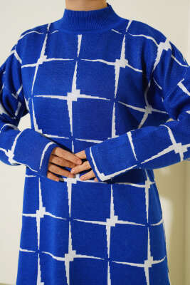 Kare Desen Triko Tunik Saks - Triko Tunik