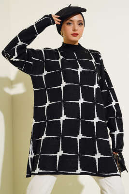 Kare Desen Triko Tunik Siyah - Triko Tunik