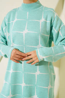 Kare Desen Triko Tunik Su Yeşili - Triko Tunik