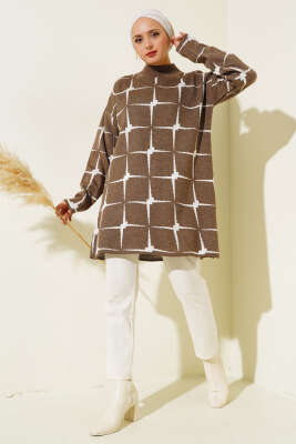 Kare Desen Triko Tunik Vizon - Triko Tunik