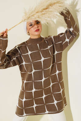 Kare Desen Triko Tunik Vizon - Triko Tunik