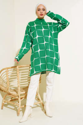 Kare Desen Triko Tunik Yeşil - Triko Tunik