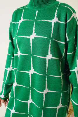 Kare Desen Triko Tunik Yeşil - Triko Tunik