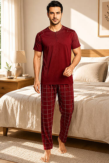 Kare Desen Üç Düğmeli Erkek Pijama Takımı Bordo - Pijama