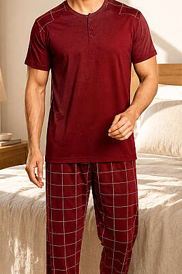 Kare Desen Üç Düğmeli Erkek Pijama Takımı Bordo - Pijama