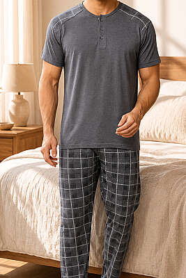 Kare Desen Üç Düğmeli Erkek Pijama Takımı Füme - Pijama