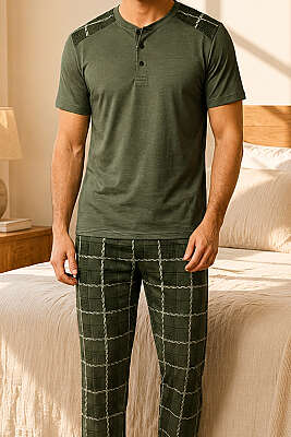 Kare Desen Üç Düğmeli Erkek Pijama Takımı Haki - Pijama