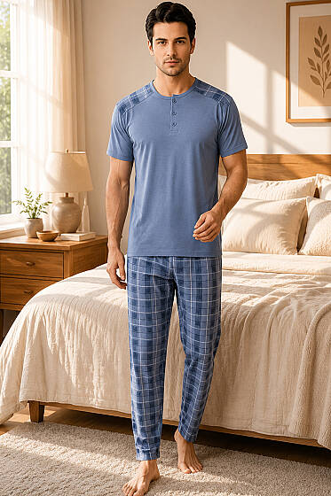Kare Desen Üç Düğmeli Erkek Pijama Takımı İndigo - Pijama