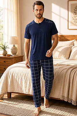 Kare Desen Üç Düğmeli Erkek Pijama Takımı Lacivert - GLİSA