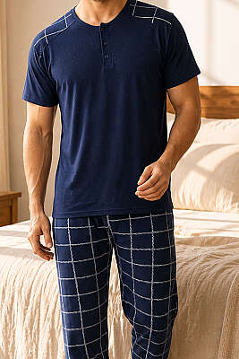 Kare Desen Üç Düğmeli Erkek Pijama Takımı Lacivert - Pijama