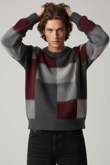 Kare Desen Yumoş Triko Erkek Kazak Bordo - Erkek Kazak