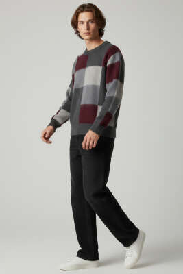 Kare Desen Yumoş Triko Erkek Kazak Bordo - Erkek Kazak