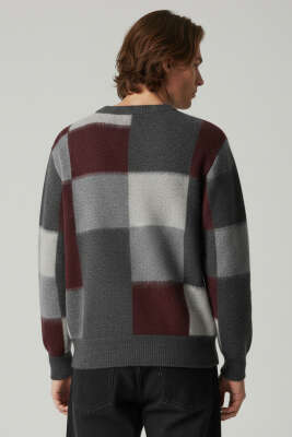 Kare Desen Yumoş Triko Erkek Kazak Bordo - Erkek Kazak