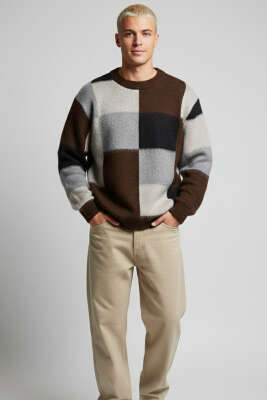 Kare Desen Yumoş Triko Erkek Kazak Kahve - Erkek Kazak