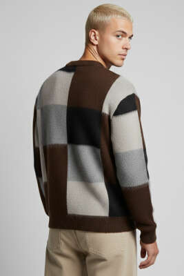 Kare Desen Yumoş Triko Erkek Kazak Kahve - Erkek Kazak