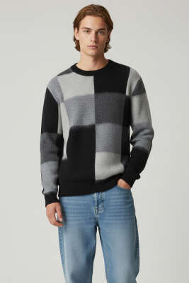 Kare Desen Yumoş Triko Erkek Kazak Siyah - VAMOS