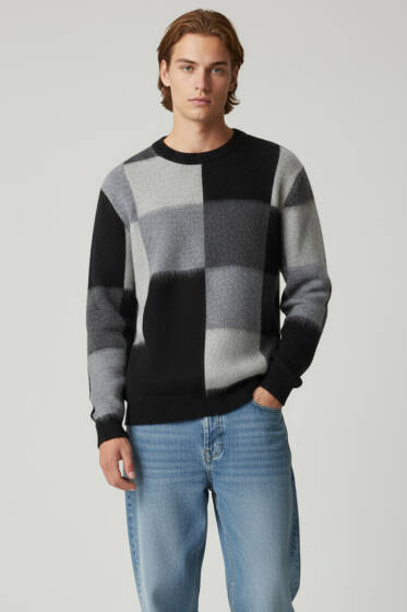 Kare Desen Yumoş Triko Erkek Kazak Siyah - Erkek Kazak