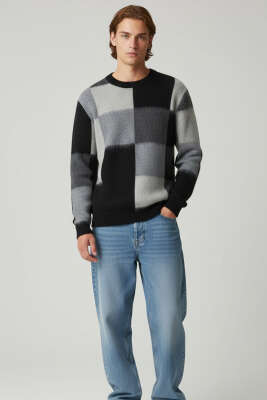 Kare Desen Yumoş Triko Erkek Kazak Siyah - Erkek Kazak