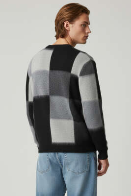 Kare Desen Yumoş Triko Erkek Kazak Siyah - Erkek Kazak