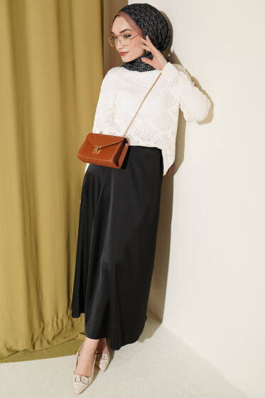 Kare Desenli Ajurlu Triko Kazak Ekru - Triko Kazak