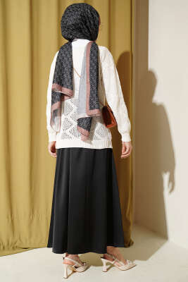 Kare Desenli Ajurlu Triko Kazak Ekru - Triko Kazak