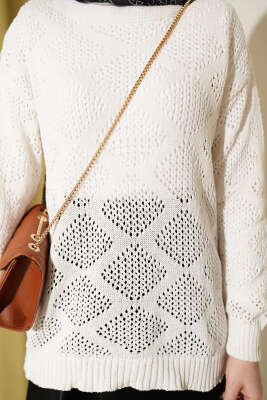 Kare Desenli Ajurlu Triko Kazak Ekru - Yılın Fırsatı