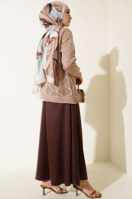 Kare Desenli Ajurlu Triko Kazak Latte - Triko Kazak