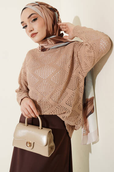 Kare Desenli Ajurlu Triko Kazak Latte - Yılın Fırsatı