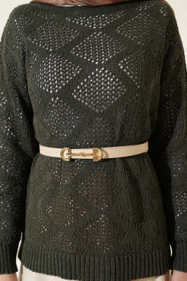 Kare Desenli Ajurlu Triko Kazak Nefti - Triko Kazak