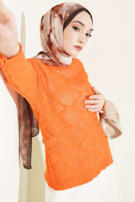 Kare Desenli Ajurlu Triko Kazak Oranj - RAFİMİX
